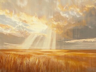 Golden sun over tranquil field: minimalistic landscape scene