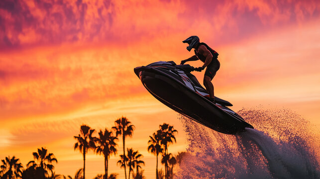 Professional athlete performing stunts on a jet ski against a vibrant sunset sky with palms silhouetted in the background capturing thrill and skill