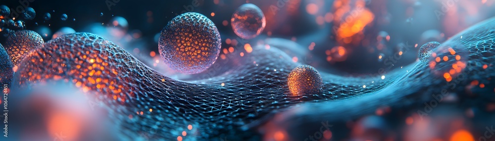 Poster abstract network with glowing spheres and bokeh lights
