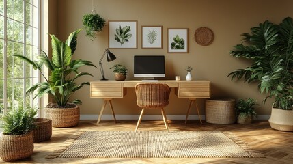 Home office with Scandinavian-inspired decor and light wooden furniture
