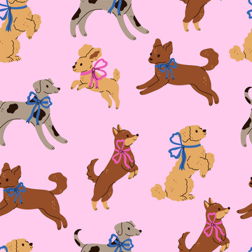 Seamless pattern with cute dogs with colorful ribbons on their necks. Vector graphics.