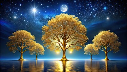 Fototapeta premium Golden trees of life on abstract blue canvas showered by moonlight, golden, trees, life, abstract, blue, canvas, moonlight