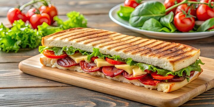 Succulent Turkish tost sandwich with melted cheese and sucuk, served with salad , Turkish, tost, sandwich, melted cheese