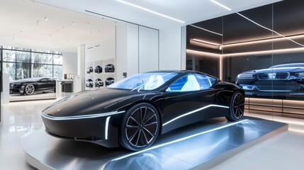 Sleek virtual car holographic display in a modern showroom demonstrating the latest in automotive technology and design