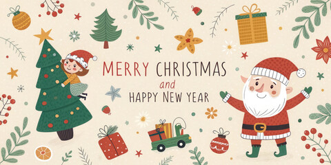 Fototapeta premium Generative AI Illustration of a festive Christmas and New Year scene featuring Santa Claus, snowy village houses, Christmas trees, and a night sky with falling snow. The words 'Christmas and 