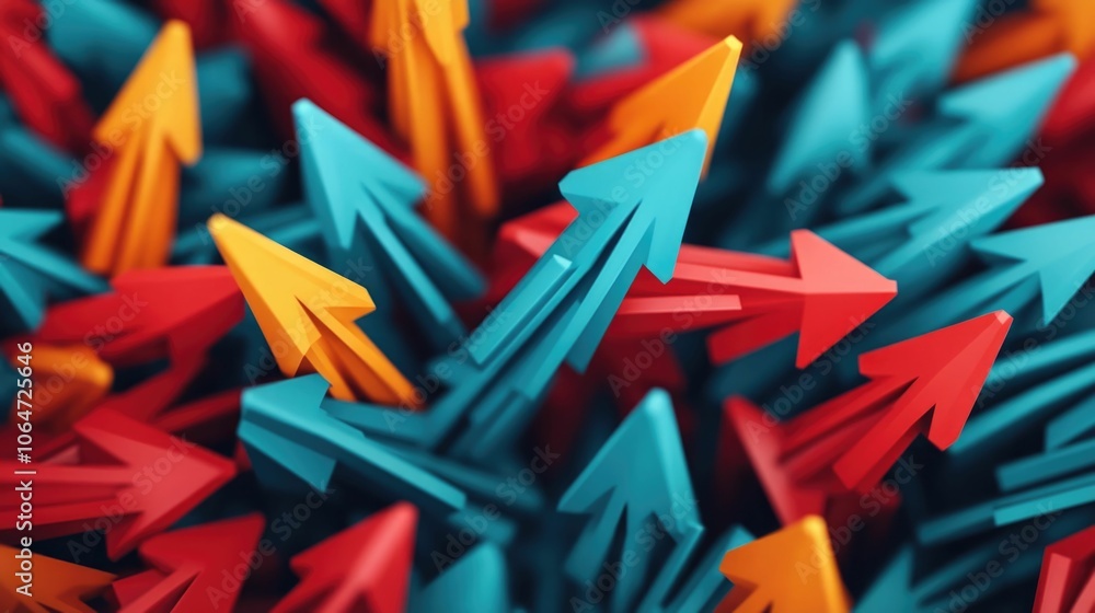 Poster abstract visual representation of a market failure with broken arrows and tangled graphs depicting t