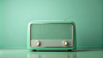 Obraz premium Vintage mint green radio on monochrome background, retro, technology, music, old, antique, communication, device