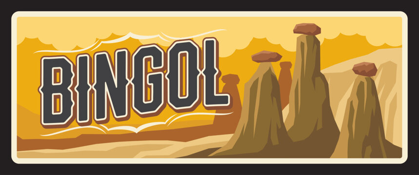 Bingol Turkey province vintage travel plate, mountains landscape retro tin plaque. Famous Turkish landmark, retro board, signboard, touristic travel destination sign. Bingol Province and District
