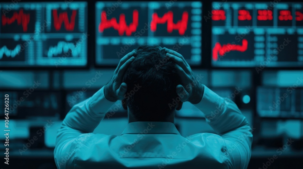 Poster financial analysts intensely monitoring large screens displaying crashing market graphs and charts i