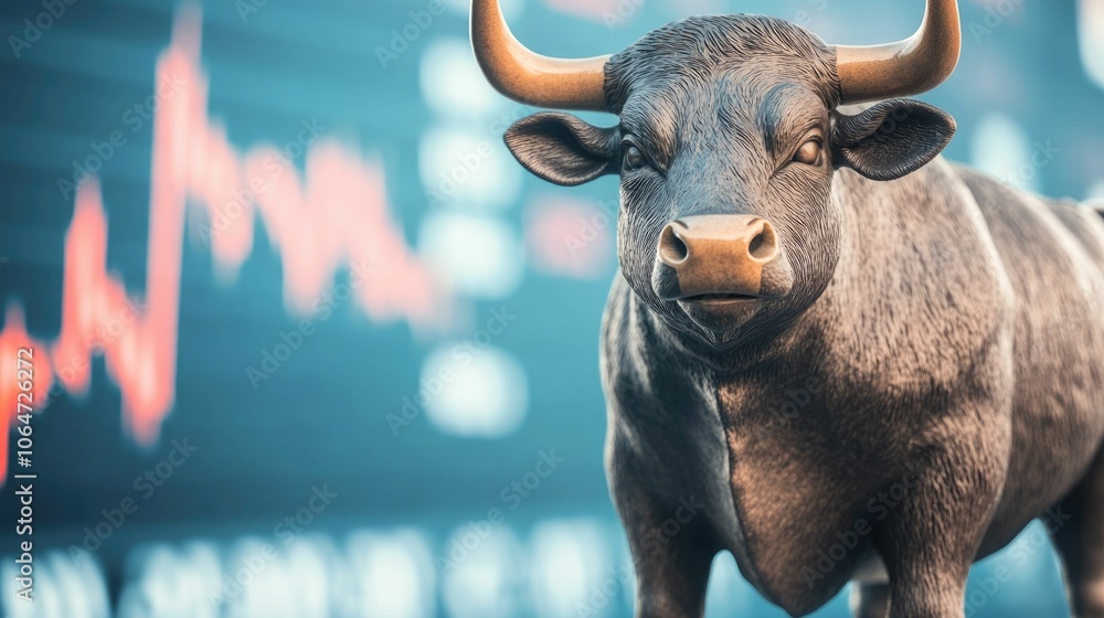 Poster conceptual sculpture of a bull statue splitting in half with plunging market numbers and financial d