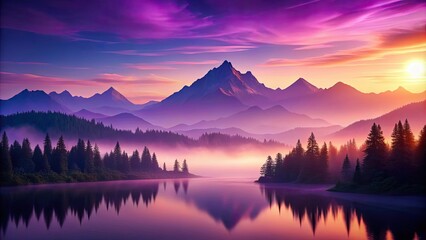 Fototapeta premium Stylized landscape with a mountain view at sunset in purple and violet hues , sunset, mountains, landscape, purple, violet