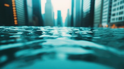 Surreal image of a flooded financial district with skyscrapers partially submerged under deep dark waters the market ticker still visible amidst the apocalyptic scene
