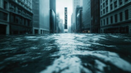 Fototapeta premium Flooded financial district with sinking skyscrapers and a partially visible market ticker in the depths of the scene creating a dramatic and apocalyptic atmosphere