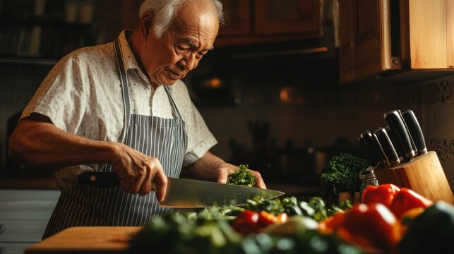 An elderly Asian man skillfully chops vibrant vegetables with a large knife - Powered by Adobe
