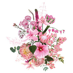 Hand drawn illustration of a beautiful hibiscus, tulip, lotus and tropical, spring pink flowers bouquet. Element for wedding invitation, Valentine or others.