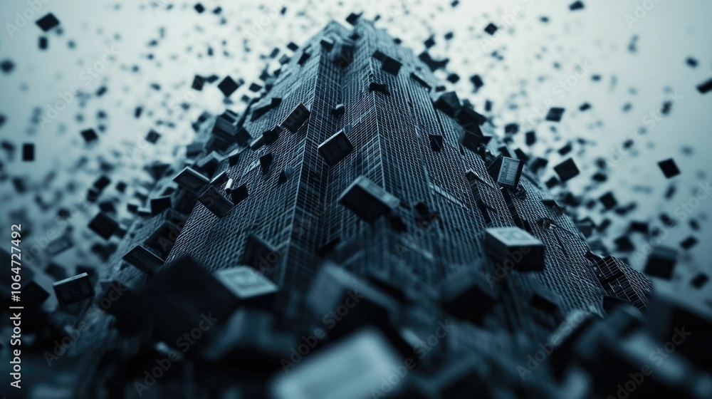 Poster collapsing financial skyscraper made of charts and graphs like a house of cards falling into deep de