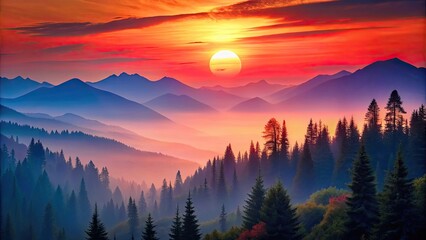 Colorful of mountains, trees, and red sun in background, mountains, trees, red sun, colorful,nature, scenery, landscape