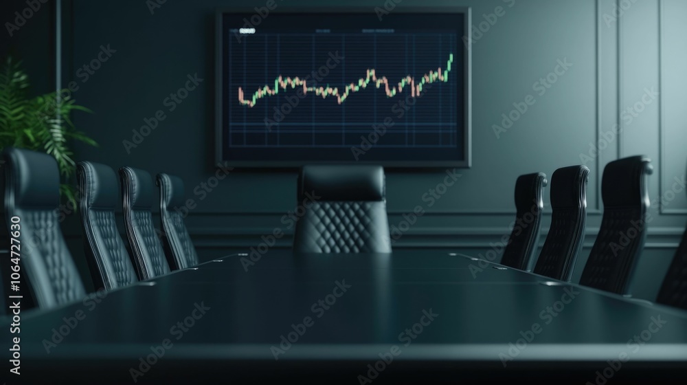 Aufkleber shadowy empty boardroom with overturned chairs and a screen displaying plunging prices in a deep dep