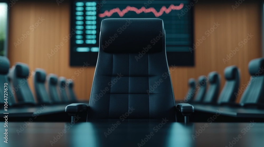 Poster abandoned shadowy corporate boardroom with overturned chairs and a large screen displaying a plungin