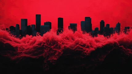 Dramatic overhead view of a towering city skyline being engulfed by a powerful red tsunami symbolizing a major financial crisis or market crash  The scene conveys a sense of overwhelming danger
