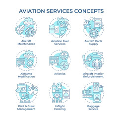 Aviation services soft blue concept icons. Airline management, avionics. Crew training, certification. Icon pack. Vector images. Round shape illustrations for infographic. Abstract idea