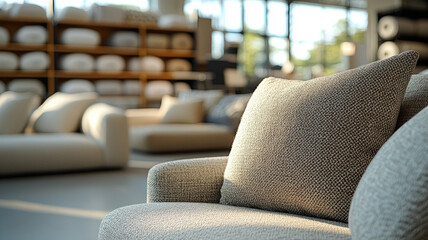 Modern sofa in a sunlit living room display.