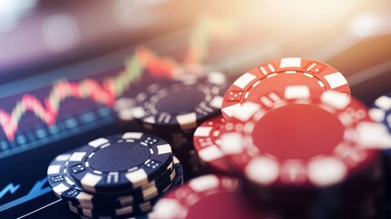 Poker chips with a soft-focus financial chart background symbolizing the connection between gambling and market speculation