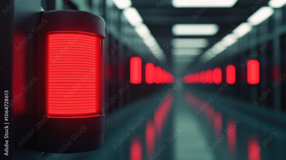 Poster glowing red warning signals illuminating the dark empty floor of an abandoned exchange corridor hint