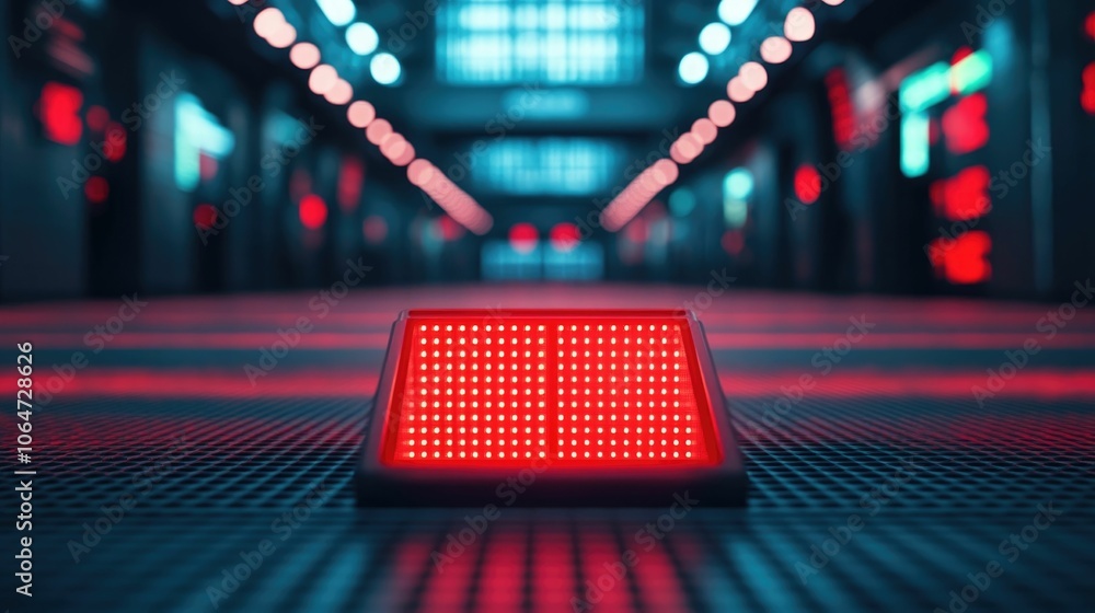 Poster eerie glowing red warning signals illuminating the dark abandoned floor of a exchange creating a sur