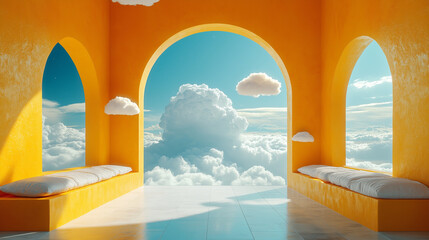 Fototapeta premium Dreamlike architectural interior with vibrant orange walls, soft cushions, and an open view of fluffy clouds in a serene blue sky