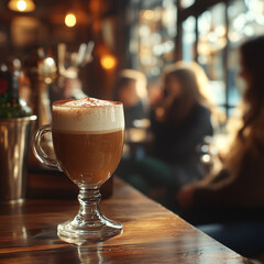 Irish coffee sitting on bar with customers enjoying drinks in background