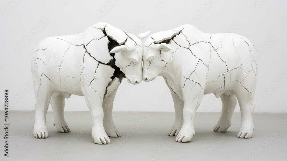 Poster crumbling stone sculpture depicting a bull and bear representing the collapse of optimism and fear i