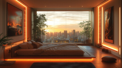 Fototapeta premium Luxury bedroom with ambient lighting, panoramic city view, and modern decor at sunset