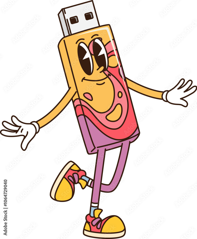 Poster Cartoon groovy computer flash drive retro character. Isolated vector Usb flash drive funky y2k personage with expressive eyes, exuding a lively and playful vibe, as it cheerfully smile in playful pose