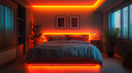 Modern bedroom interior with neon orange LED lighting, cozy bed, potted plants, and framed artwork on walls