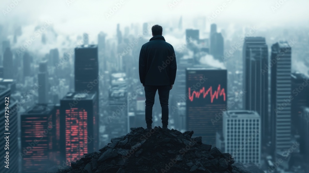Poster a lone figure stands on the edge of a crumbling financial district gazing down at the market graphs 