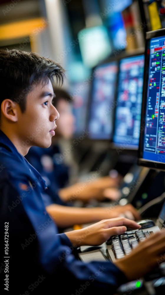 Poster a focused young man analyzes data on multiple screens in a bustling trading room, contributing to fa