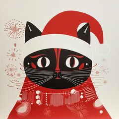 Christmas Cat in Santa Hat - Festive Illustration