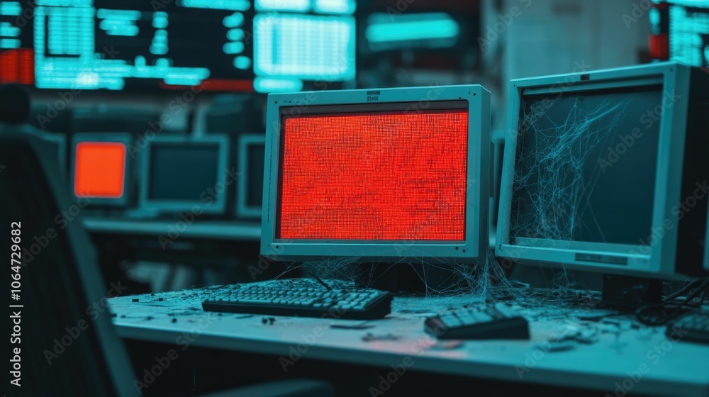 Aufkleber abandoned and neglected trading desk with cobwebs forming over a digital screen displaying the after