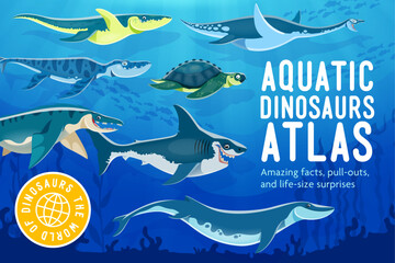 Prehistoric aquatic dinosaurs encyclopedia book cover, cartoon dino characters in ancient ocean. Marine dinosaurs and reptiles vector personages. Funny megalodon, kronosaurus, elasmosaurus characters