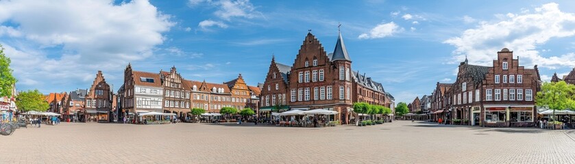 Fototapeta premium A panoramic view of a charming town square with historic buildings and outdoor seating.