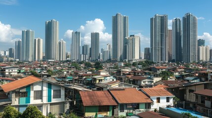 An urban area with towering skyscrapers beside modest housing representing unequal wealth distribution