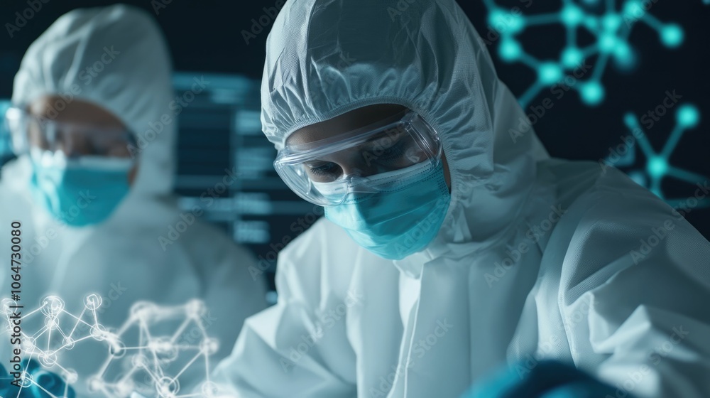 Poster diverse team of scientists in protective gear observing a 3d printed molecular structure of a new dr