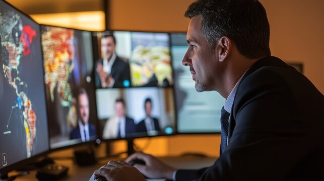 A businessman video conferencing with colleagues from multiple countries highlighting international collaboration