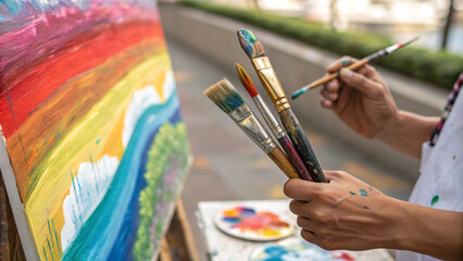 Close up of an artist hands holding paint brushes with a colorful canvas in the background