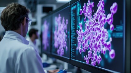 Molecular Docking Simulation in a Laboratory Setting Showing a Large Screen Displaying a Zoomed in View of a Drug Molecule Binding to its Target Protein