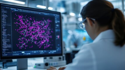 Molecular Docking Simulation in a Biotechnology Lab Showing Drug Molecule Binding to Target Protein on a Large Screen with Scientists in Lab Coats Discussing the Results of the Analysis and Research