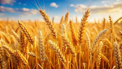 Fototapeta premium Closeup of ripe golden wheat ears in a field, wheat, field, harvest, agriculture, crop, growth, farm, rural, nature, organic