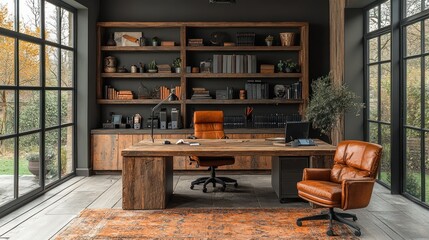 Stylish home office featuring a large wooden desk, industrial shelving, and a leather chair