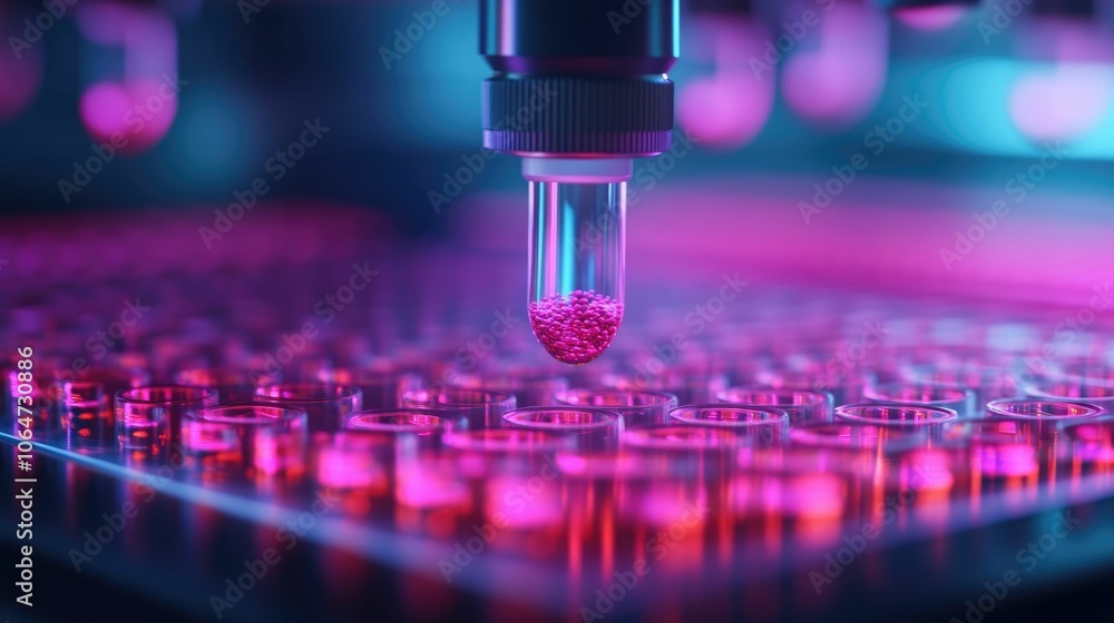 Poster advanced in vitro drug testing setup featuring cultured human cells automated microscopes and hologr